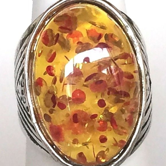 Silver Honey Amber Cocktail Ring Size 7 8 10 Yellow Orange Simulated Oval Cut - Picture 1 of 10